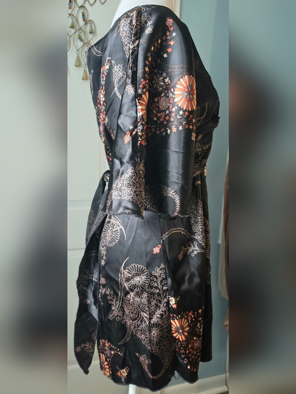 Y2K Vintage GLAM South Beach Satin Kimono Tunic Womens XL Black Dark Boho Floral - Picture 5 of 12